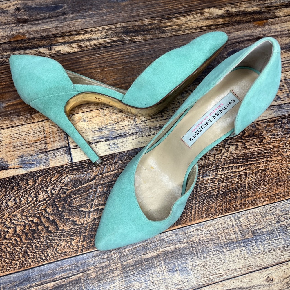CHINESE LAUNDRY SUEDED DORSAY HIGH HEELS 4.25” HEELS MINT GREEN POINTED TOE